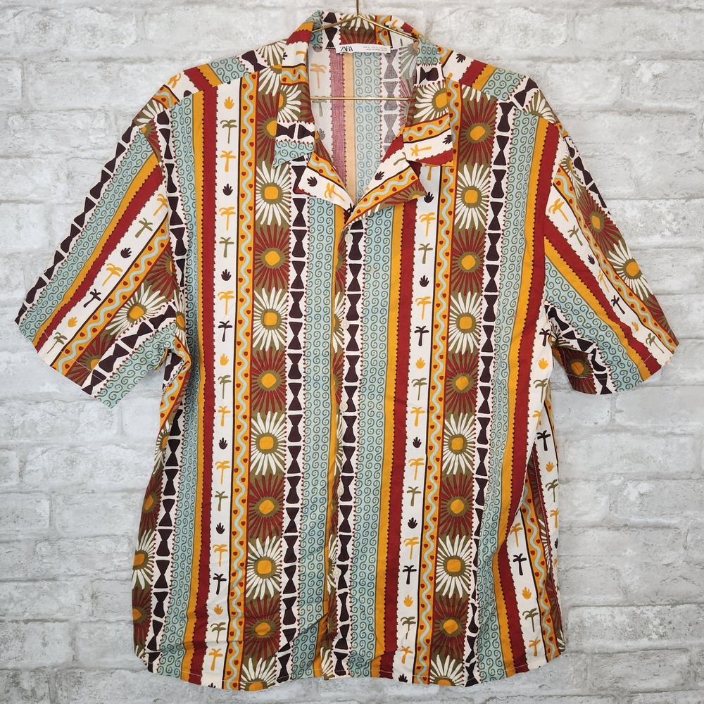 Zara Button Up Shirt Aztec Tribal Print Short Sleeve Boho Tropical Size Large